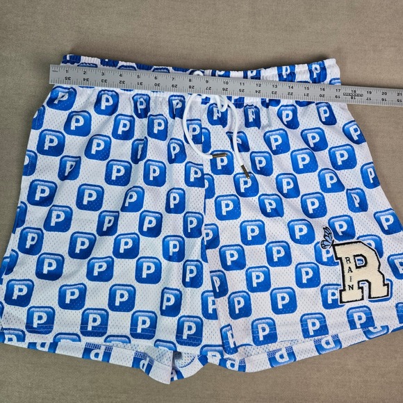 Ryoko Rain Shorts Pushin P All Over Logo Mesh Shorts White Blue Drawstring Patch - Picture 3 of 10